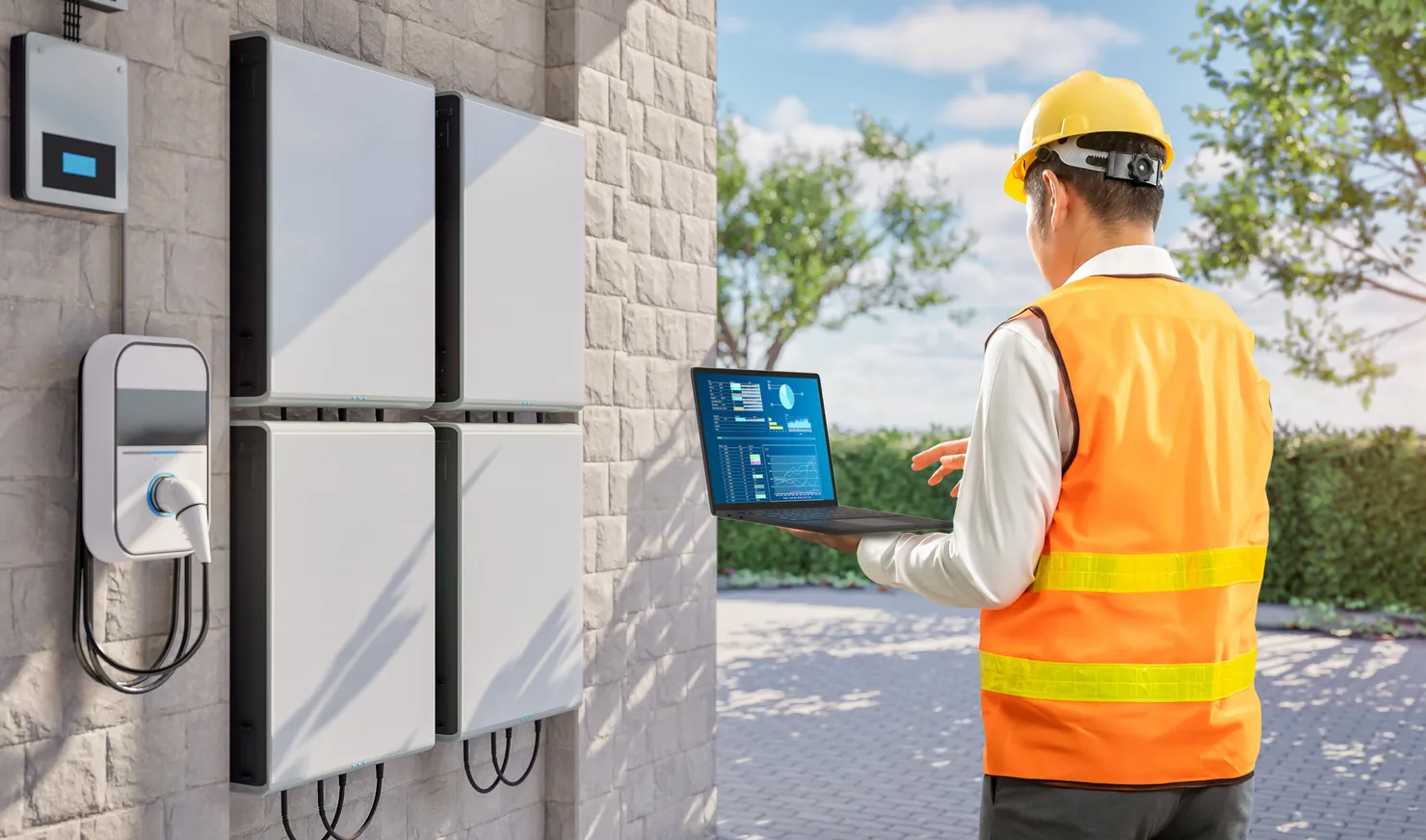 Installer commissioning a home battery storage system with a laptop