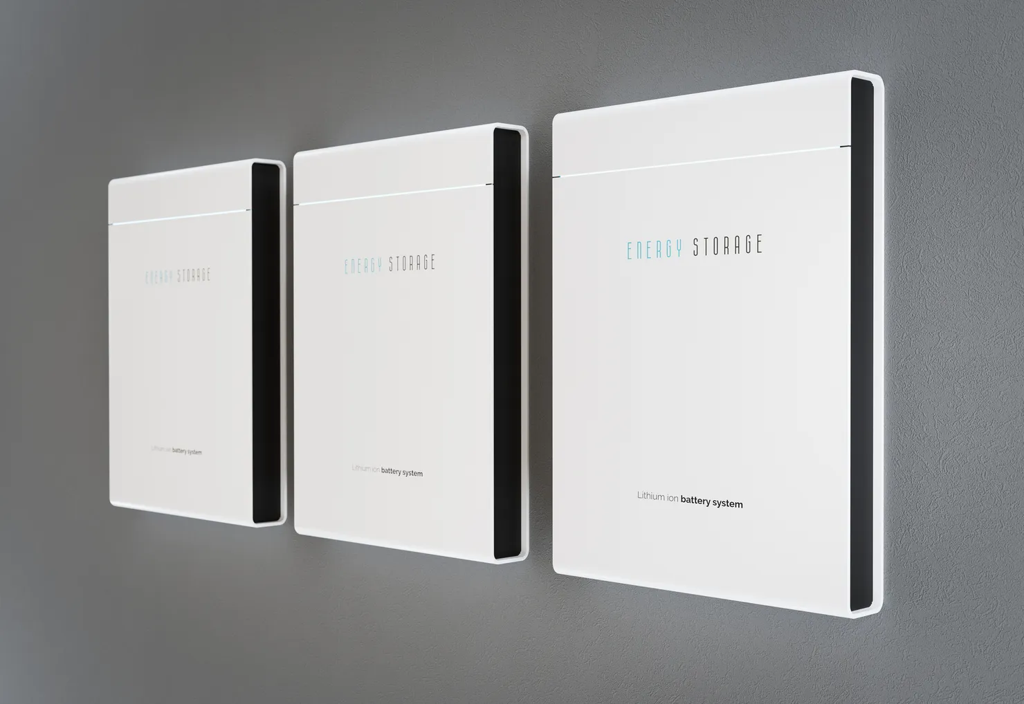 A lineup of wall-mounted lithium-ion home battery storage systems
