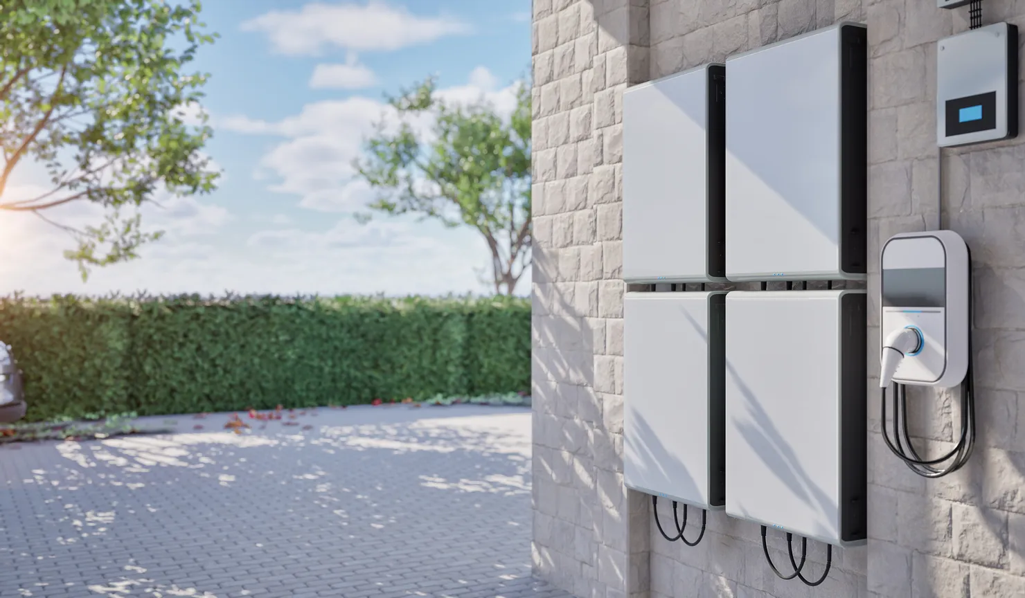 Wall-mounted home battery storage units installed on the exterior of a house